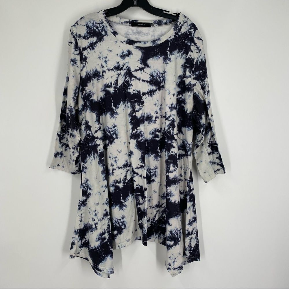 Mirol Women’s Round Neck Tie Dye 3/4 Sleeve Sharkbite Hemline Blouse size XXL